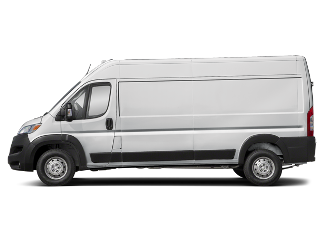 White cargo van shown in full side profile with long wheelbase, sliding side door