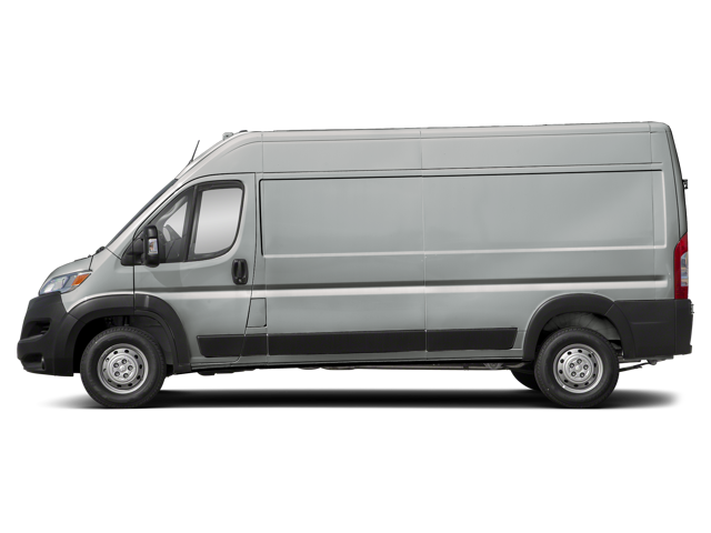 Silver cargo van shown in full side profile with long body, sliding side door