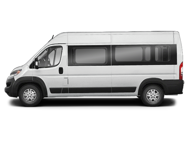 White passenger van in full side profile with multiple tinted windows