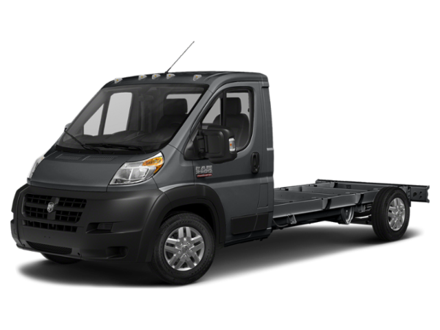 Dark gray chassis cab truck in front angled view with visible rear frame rails