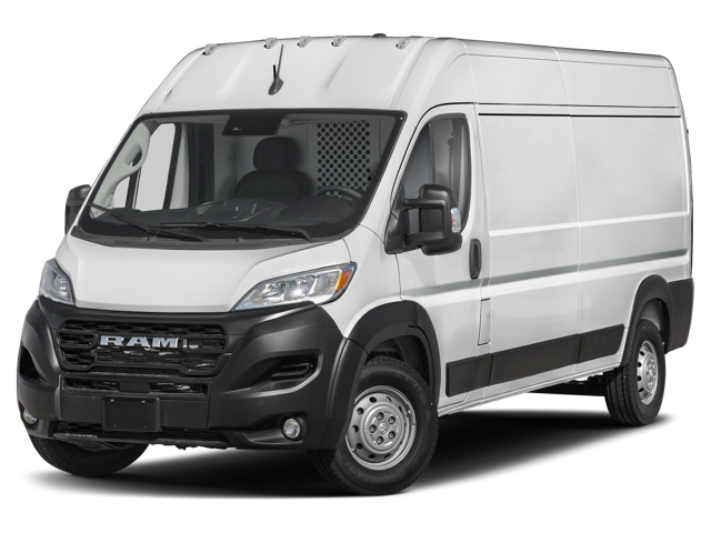 Front three-quarter view of a white cargo van with black grille, bumper
