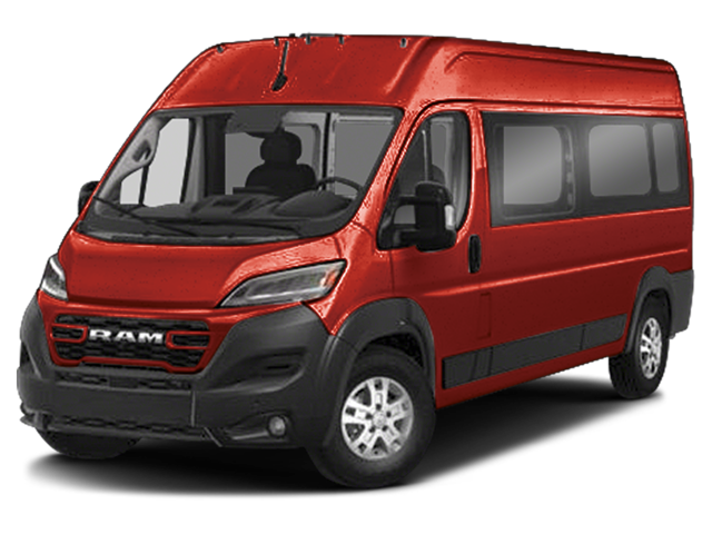 Red passenger van in front three-quarter view with black grille