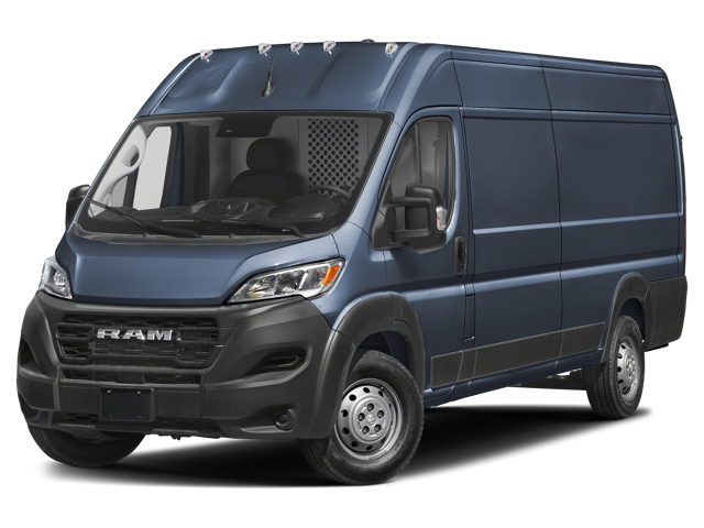 Dark blue cargo van front three-quarter view with black grille and bumper