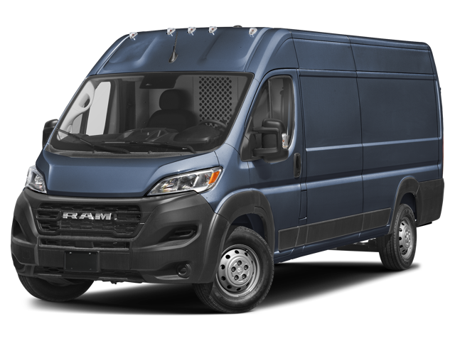 Dark blue cargo van front three-quarter view with black grille and bumper
