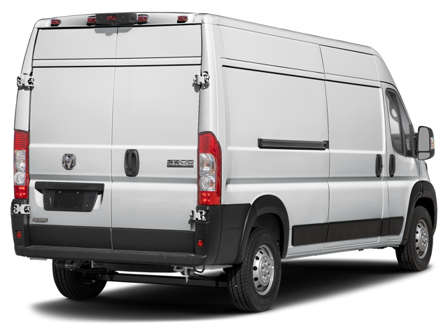 Rear three-quarter view of a white cargo van with closed double rear doors