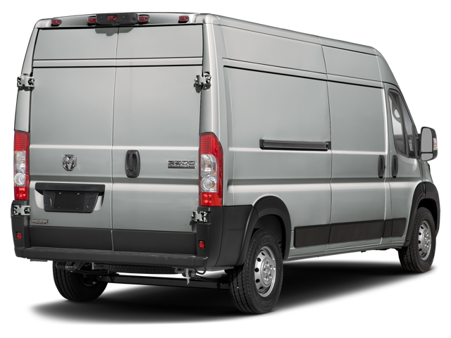 Rear view of a silver cargo van with closed double doors, vertical taillights