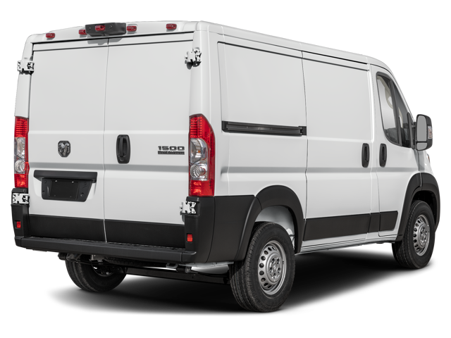 Rear three-quarter view of a white cargo van with closed double doors