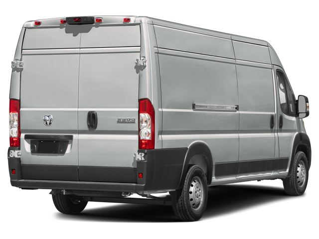 Rear three-quarter view of a silver cargo van with closed double rear doors