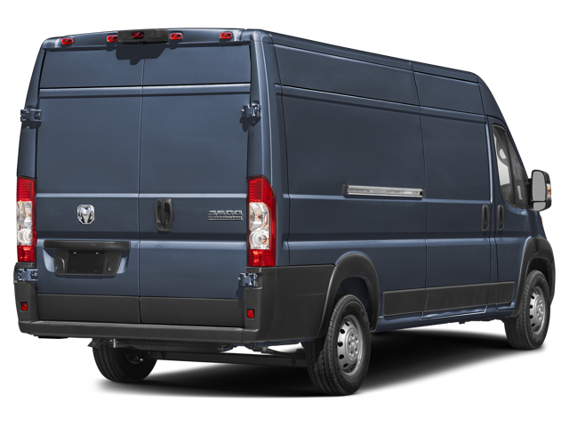 Dark blue cargo van rear view with closed doors and taillights