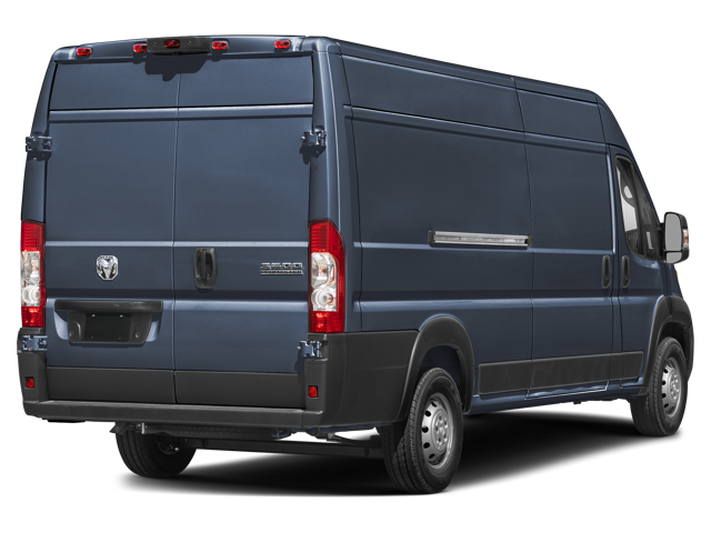 Dark blue cargo van rear view with closed doors and taillights