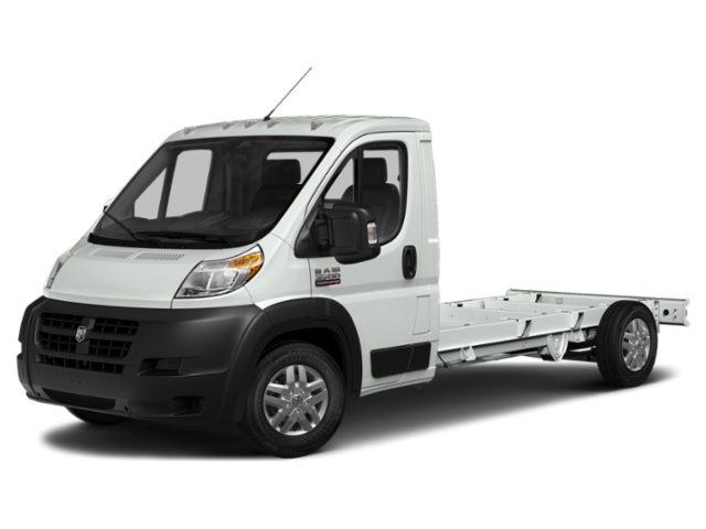 White RAM chassis cab truck shown in front three-quarter view with exposed rear frame
