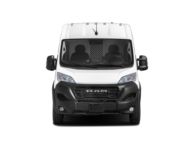 Front view of a white cargo van with wide windshield, black grille