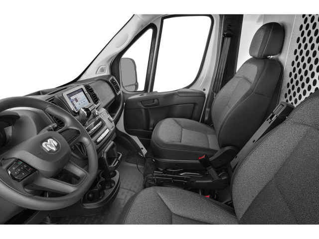 Front cabin view showing two fabric seats, steering wheel