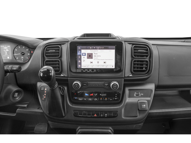 Close-up of dashboard center console with touchscreen, climate controls