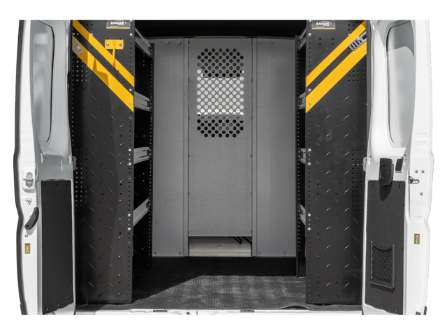 Cargo van interior fitted with metal shelving units on both sides