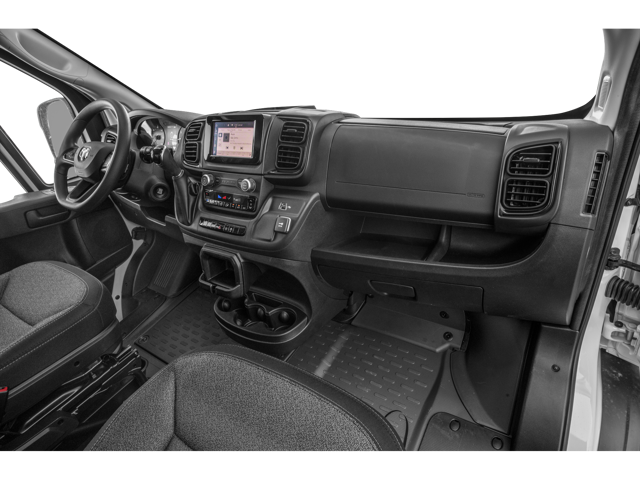 Interior of a cargo van showing dashboard, steering wheel, infotainment screen