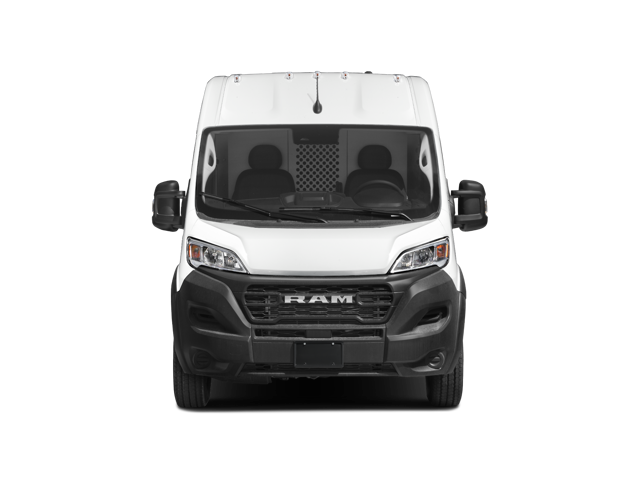 Front view of a white cargo van with black grille and bumper