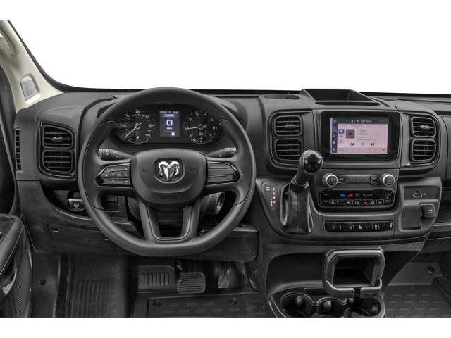 Driver cockpit with steering wheel, instrument cluster, center touchscreen