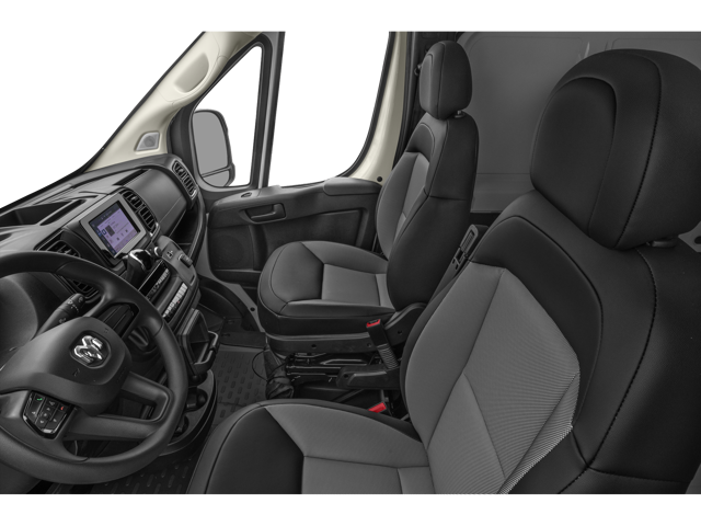 Front seating area with two fabric seats, steering wheel, and dashboard view