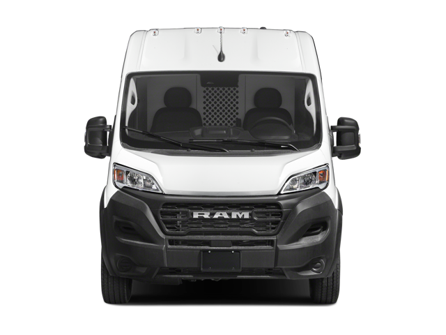 Front view of a white cargo van with wide windshield