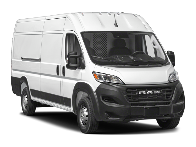 Front three-quarter view of a white cargo van with black grille