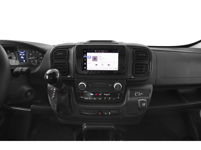 Close-up of dashboard center console with touchscreen display, control knobs