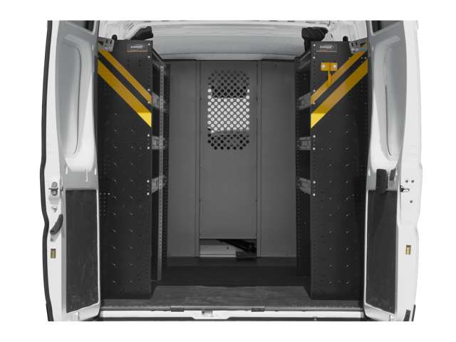 Rear cargo entry showing open doors, partition wall behind cab