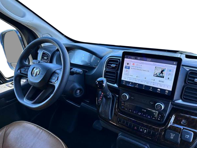 Van interior dashboard with large touchscreen display, steering wheel