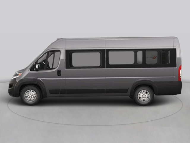 Gray passenger van shown in full side profile with multiple windows