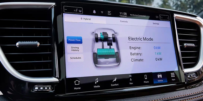 Close-up of vehicle touchscreen displaying hybrid system information