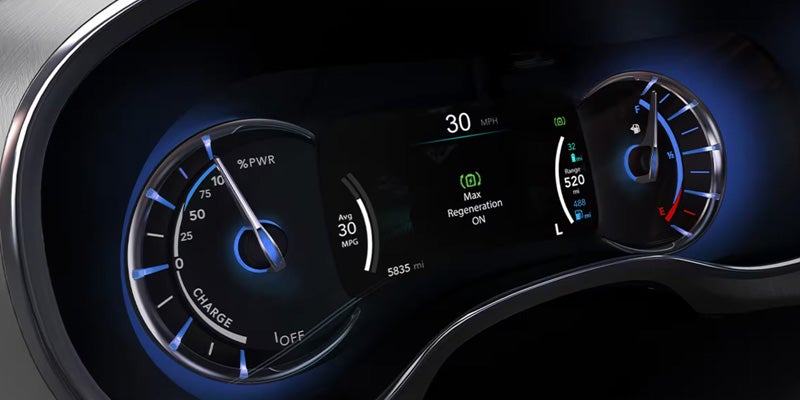 Close-up of a digital instrument cluster displaying speedometer