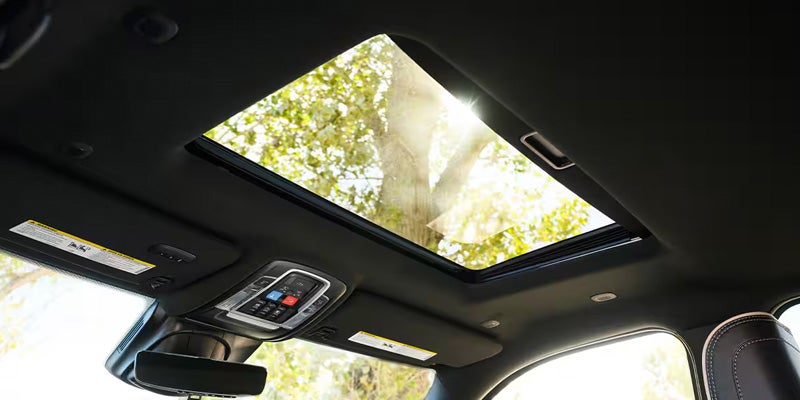 Interior roof view of a vehicle showing a panoramic sunroof
